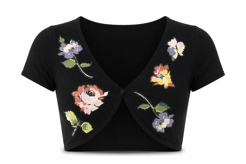 Front view of Linea Women's Black Floral Cardigan, size S