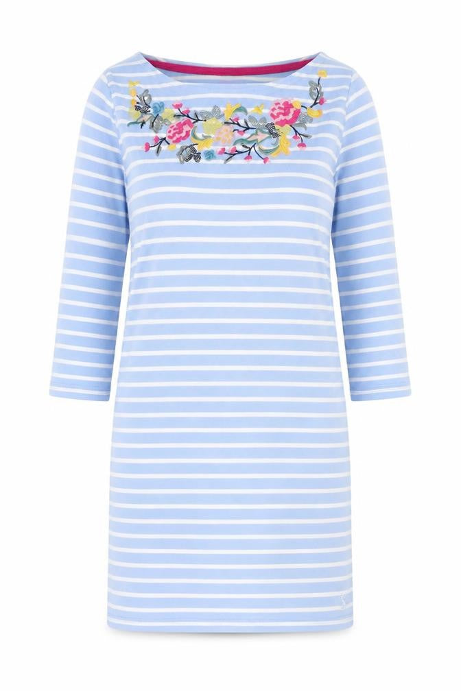Front view of Joules Women's Blue Striped Shift Dress