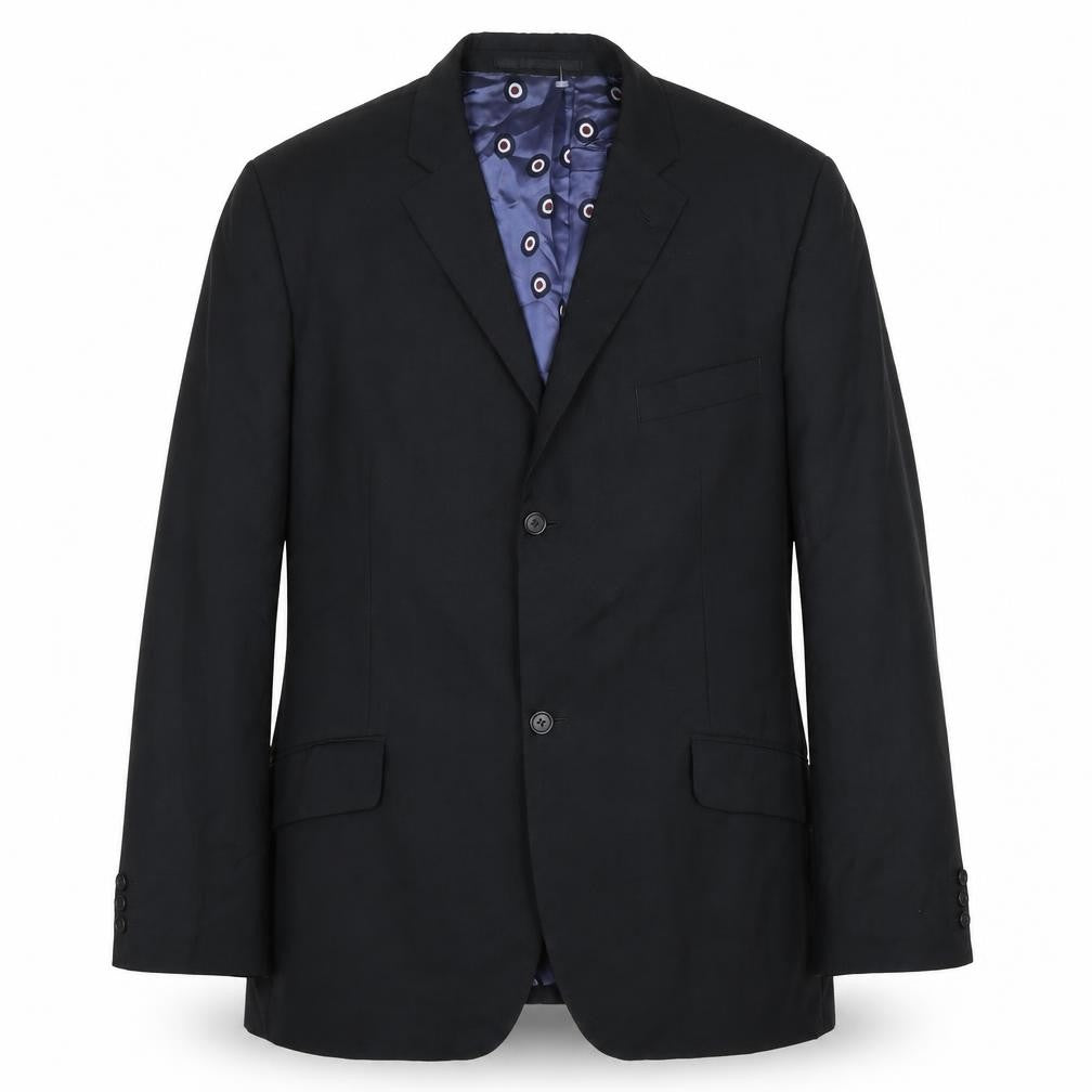 Front view of Ben Sherman Men's Black Double Vented Vintage Wool Blazer Jacket, size 44, Regular