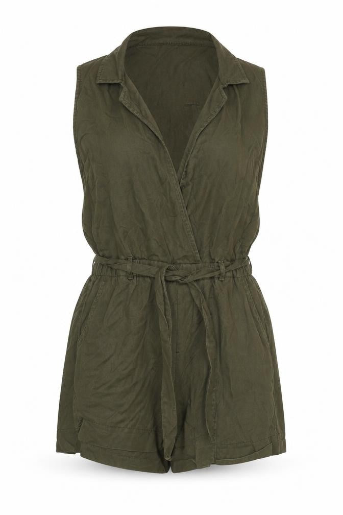 Front view of Superdry Women's Green Collared Belted Playsuit S