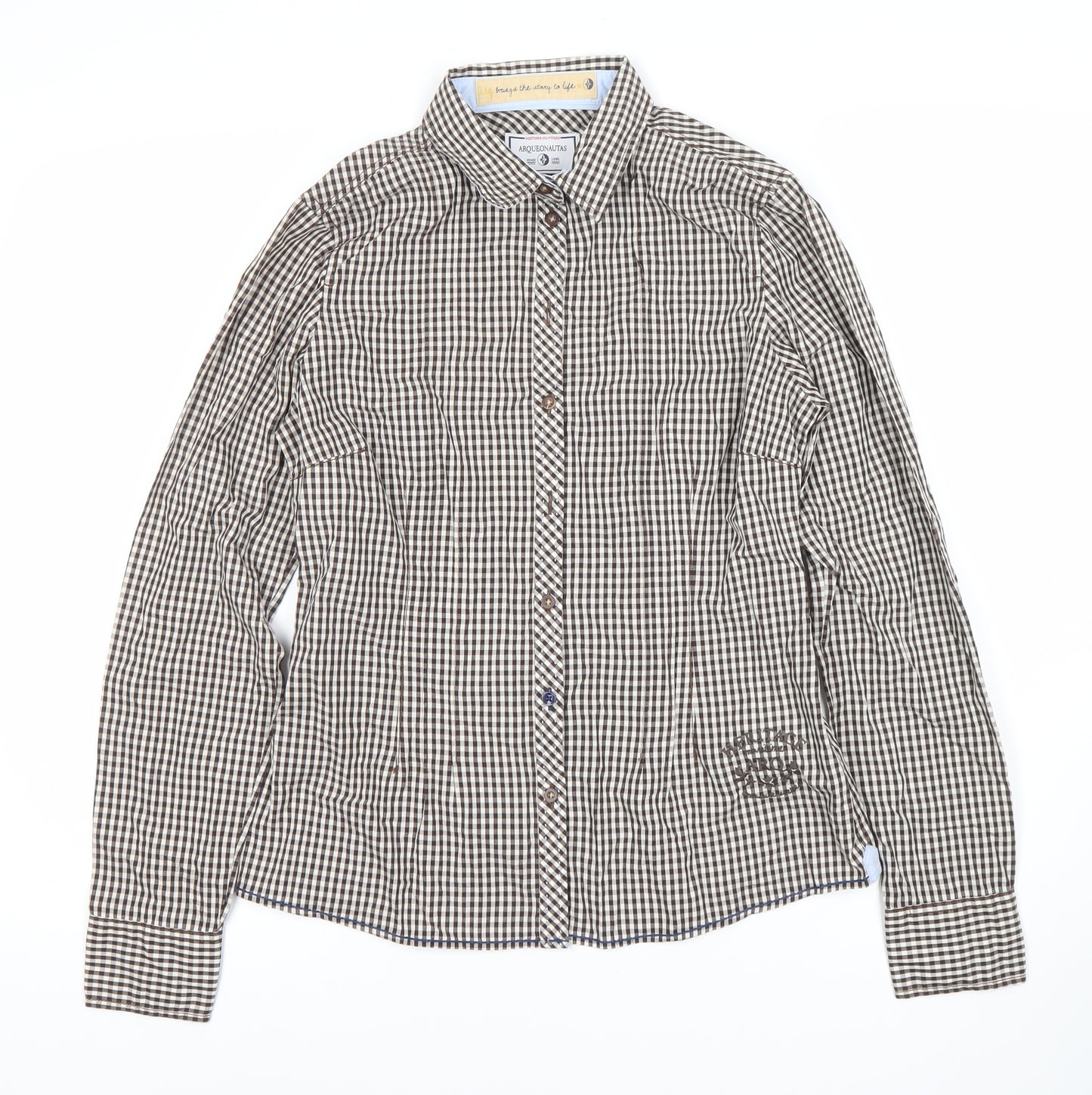 ARQUEONAUTAS Men's Brown Check Cotton Dress Shirt S