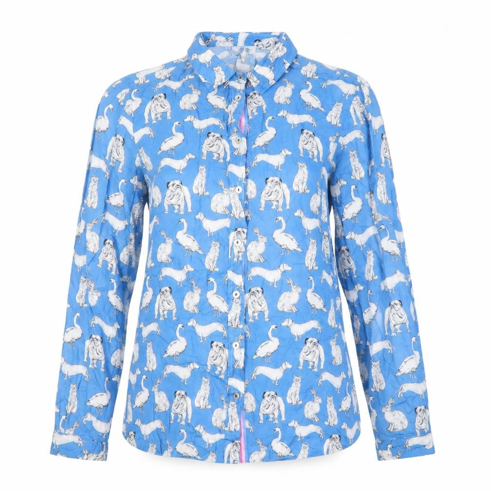 Front view of Milano Women's Blue Animal Print Button-Up Shirt