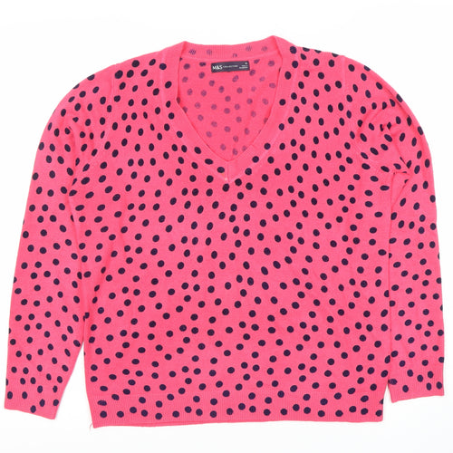 Marks and Spencer Women's Pink Polka Dot V-Neck Jumper M