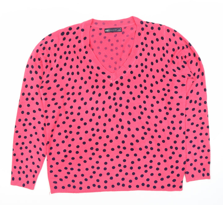 Marks and Spencer Women's Pink Polka Dot V-Neck Jumper M