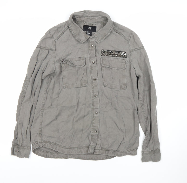 H&M Women's Grey Button-Up Shirt, Size 6, Long Sleeve