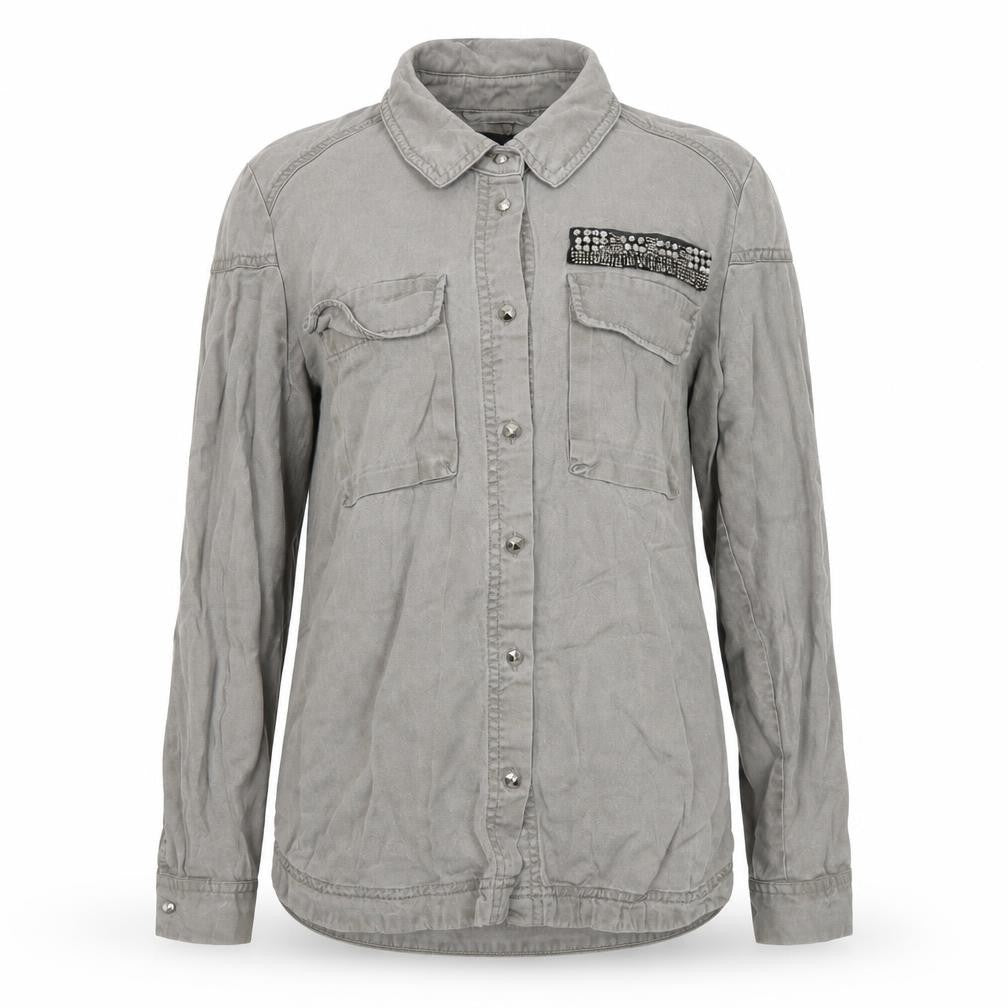 Front view of H&M Women's Grey Button-Up Shirt, size 6, Long Sleeve
