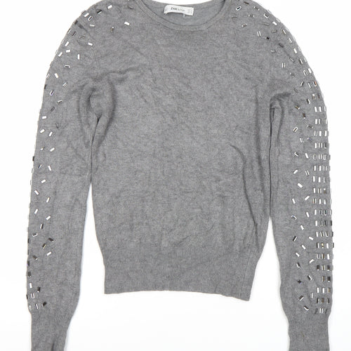 Zara Women's Grey Studded Pullover Jumper Size M
