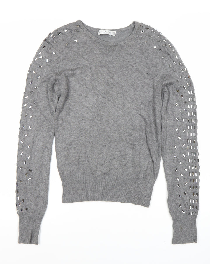 Zara Women's Grey Studded Pullover Jumper Size M