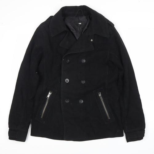 H&M Women's Black Pea Coat, Size 14, Double-Breasted