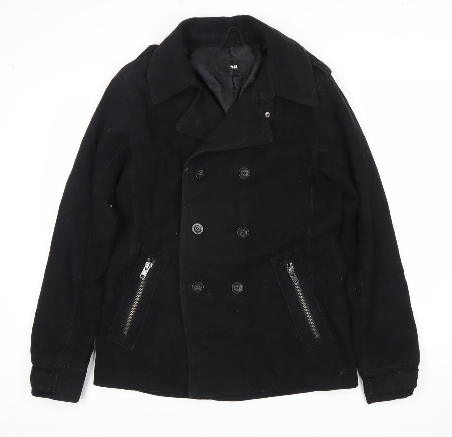 H&M Women's Black Pea Coat, Size 14, Double-Breasted