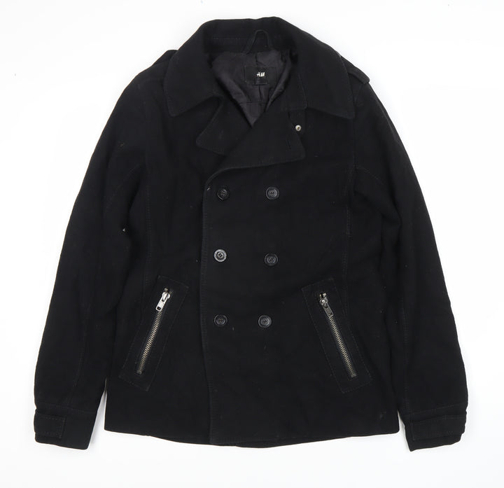 H&M Women's Black Pea Coat, Size 14, Double-Breasted
