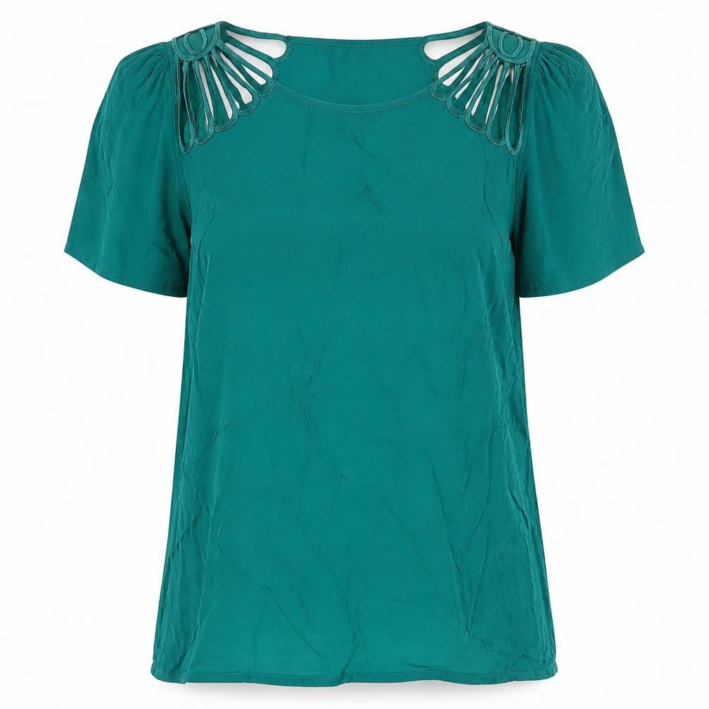 Front view of Warehouse Women's Green Short Sleeve Top UK 12