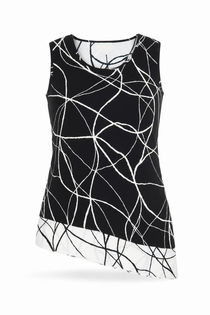 Front view of Chianti Women's Black Geometric Asymmetric Tank Top, size 12
