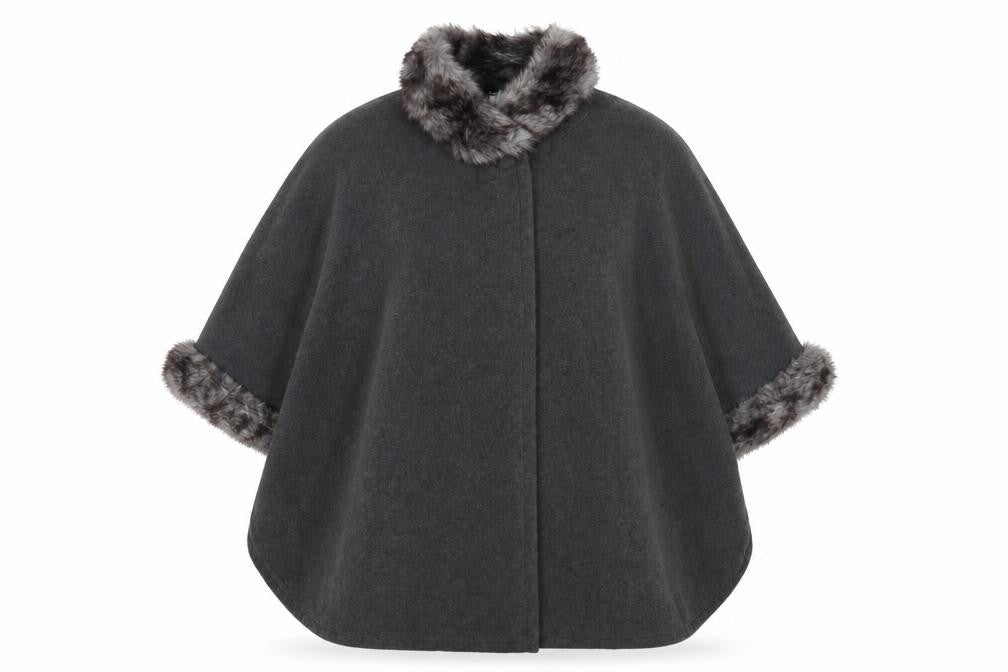 Bonmarche Women's Grey Faux Fur Trim Cape, S/M