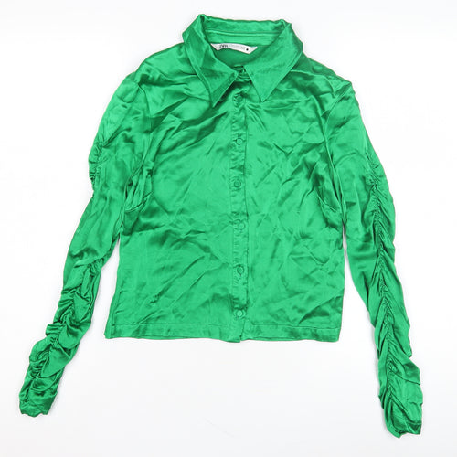 Zara Green Women's Button-Up Shirt, Size 8, Satin