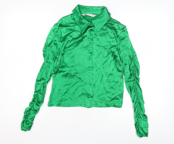 Zara Green Women's Button-Up Shirt, Size 8, Satin