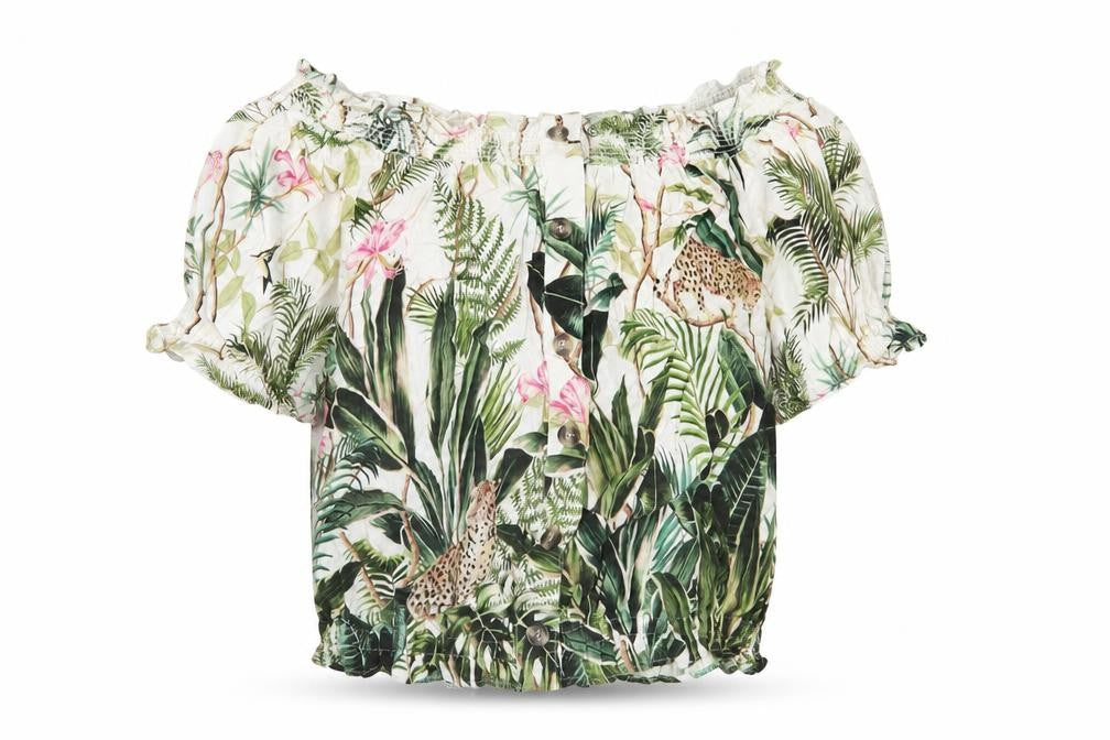 Front view of H&M Women's Multicoloured Nature Print Off-Shoulder Blouse