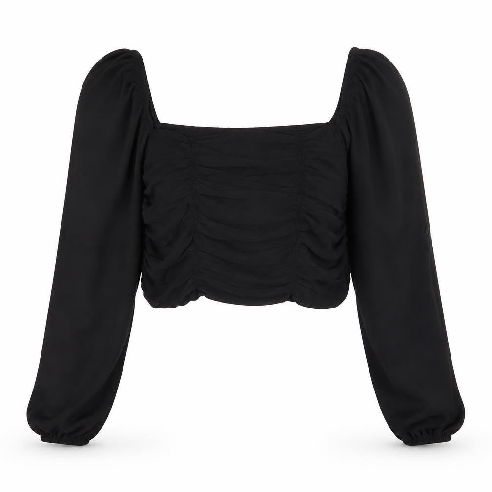 Front view of H&M Women Black Cropped Top L Long Sleeve