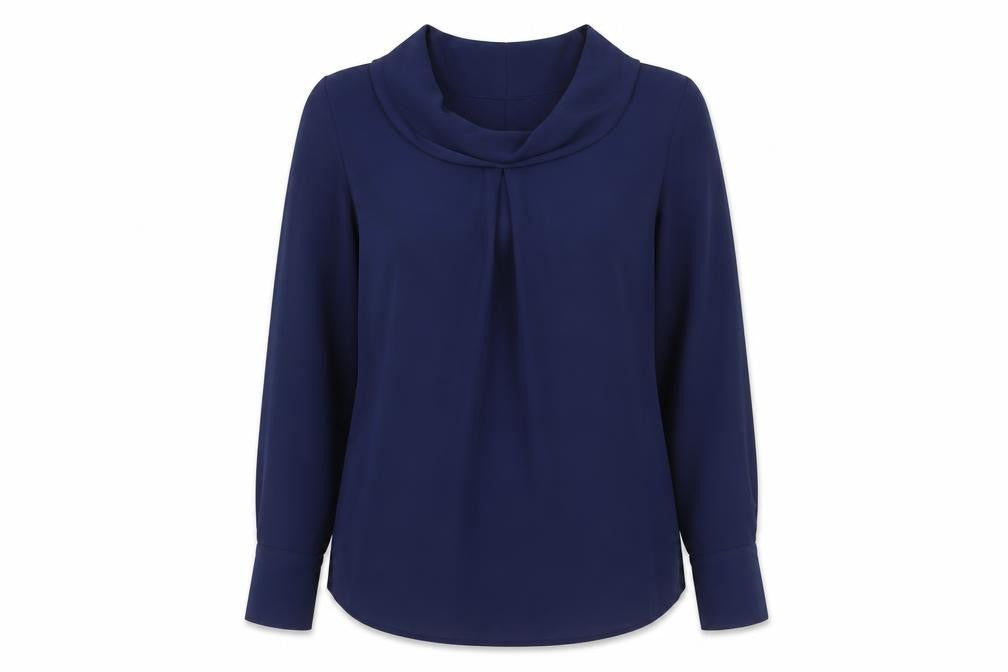 Front view of Jasper Conran women’s blue cowl neck blouse, size UK 12