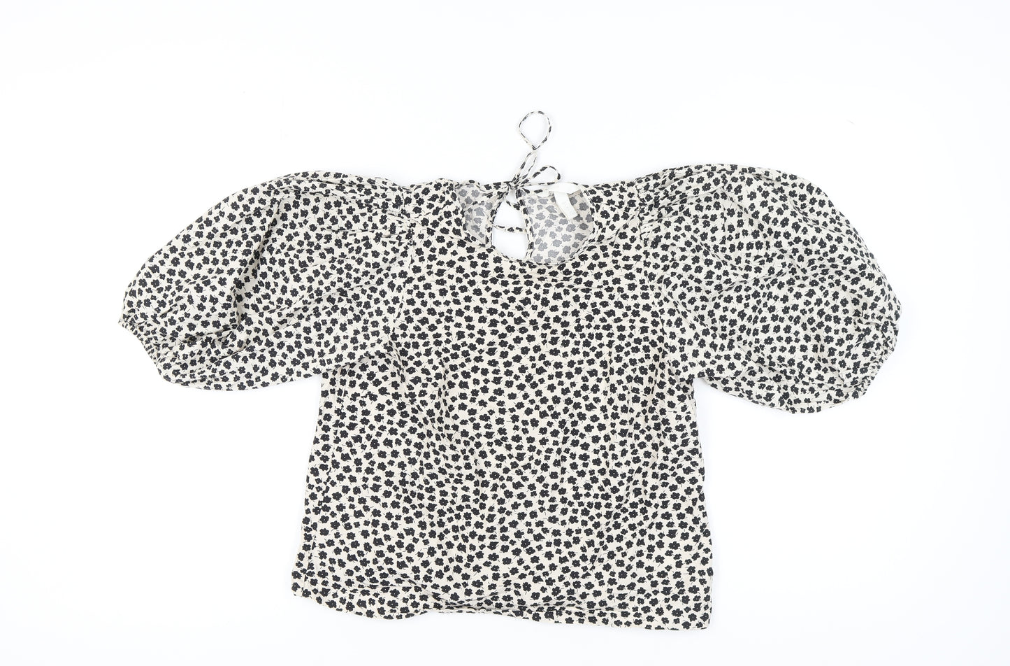 H&M Women's Ivory Floral Blouse, Size S, Puff Sleeve