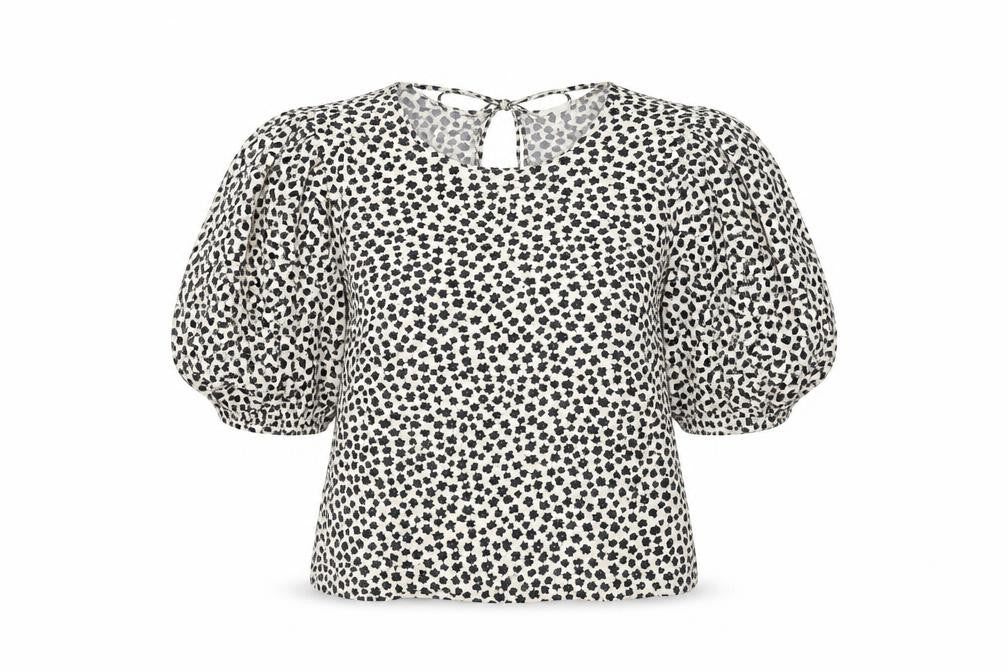 Front view of H&M Women's Ivory Floral Blouse, size S, Puff Sleeve