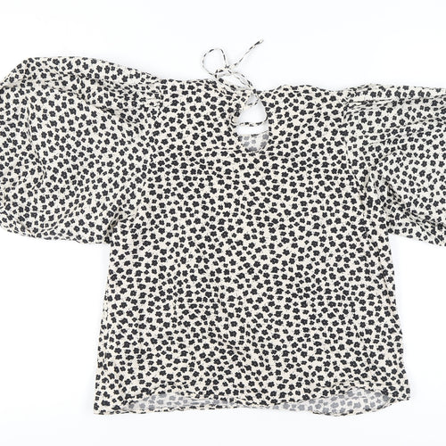 H&M Women's Ivory Floral Blouse, Size S, Puff Sleeve