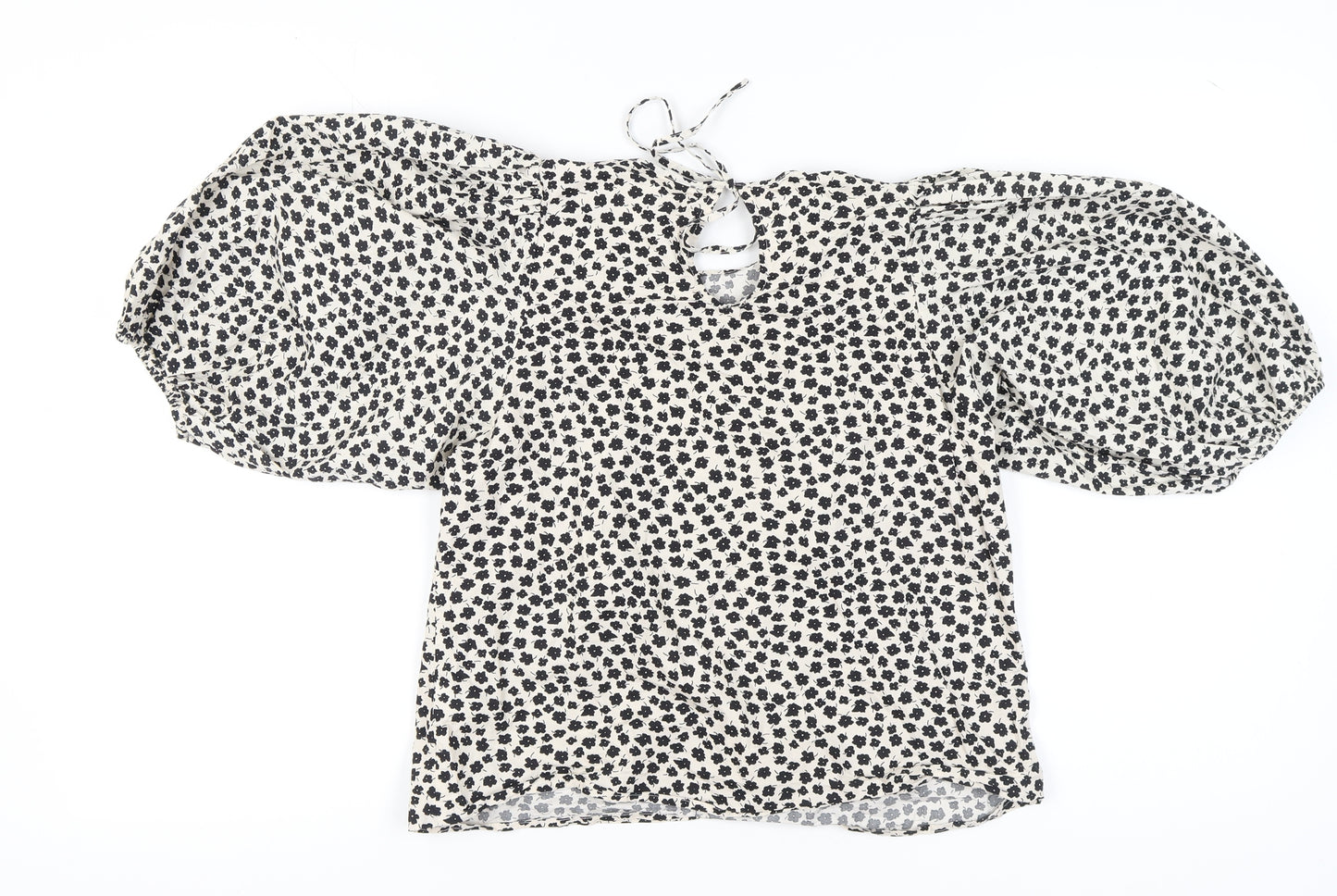 H&M Women's Ivory Floral Blouse, Size S, Puff Sleeve