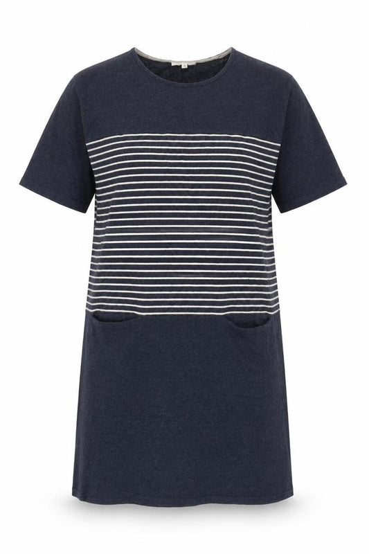 Front view of Thought Women's Blue Striped T-Shirt Dress, size 8