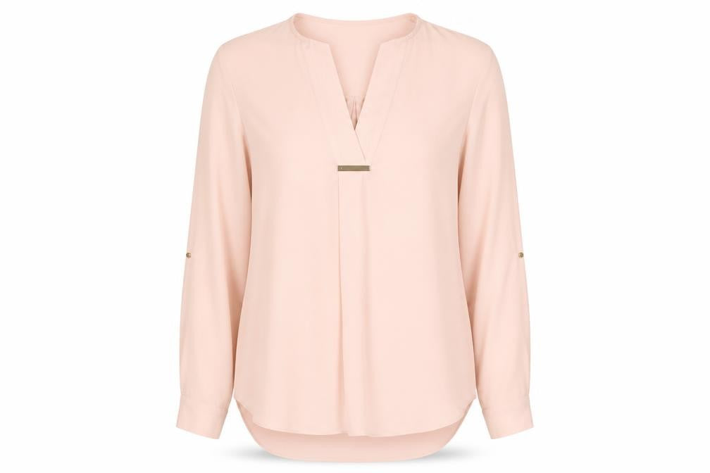 Front view of River Island Women's Pink Blouse, size 8, V-Neck Long Sleeve