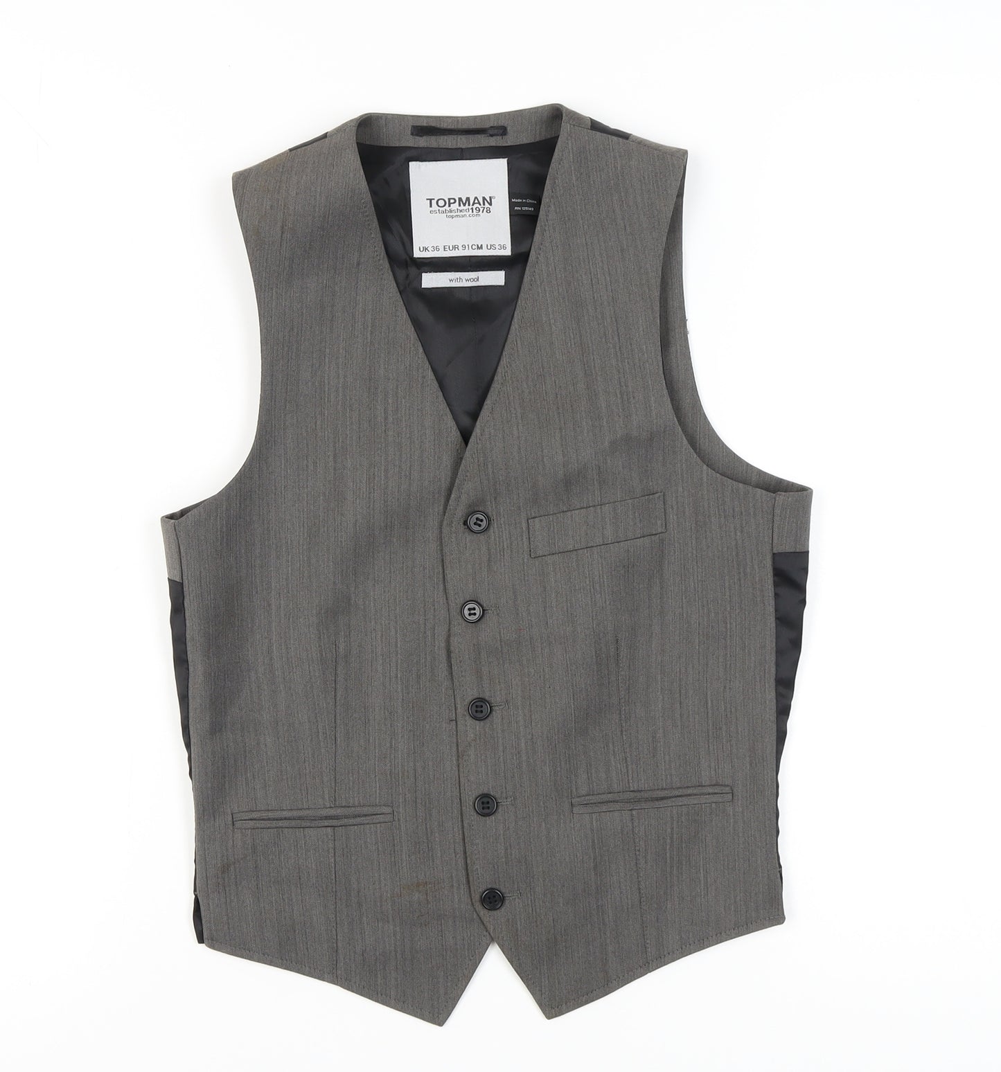 Topman Men's Grey Waistcoat 36 Herringbone Formal