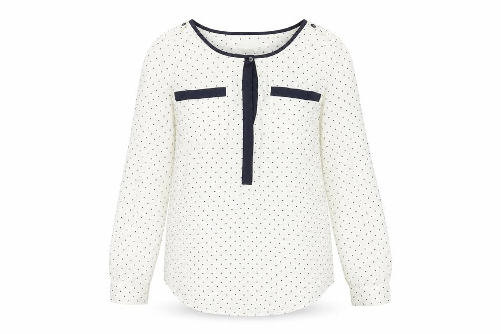 Front view of Monsoon Women's White Polka Dot Blouse, size 8
