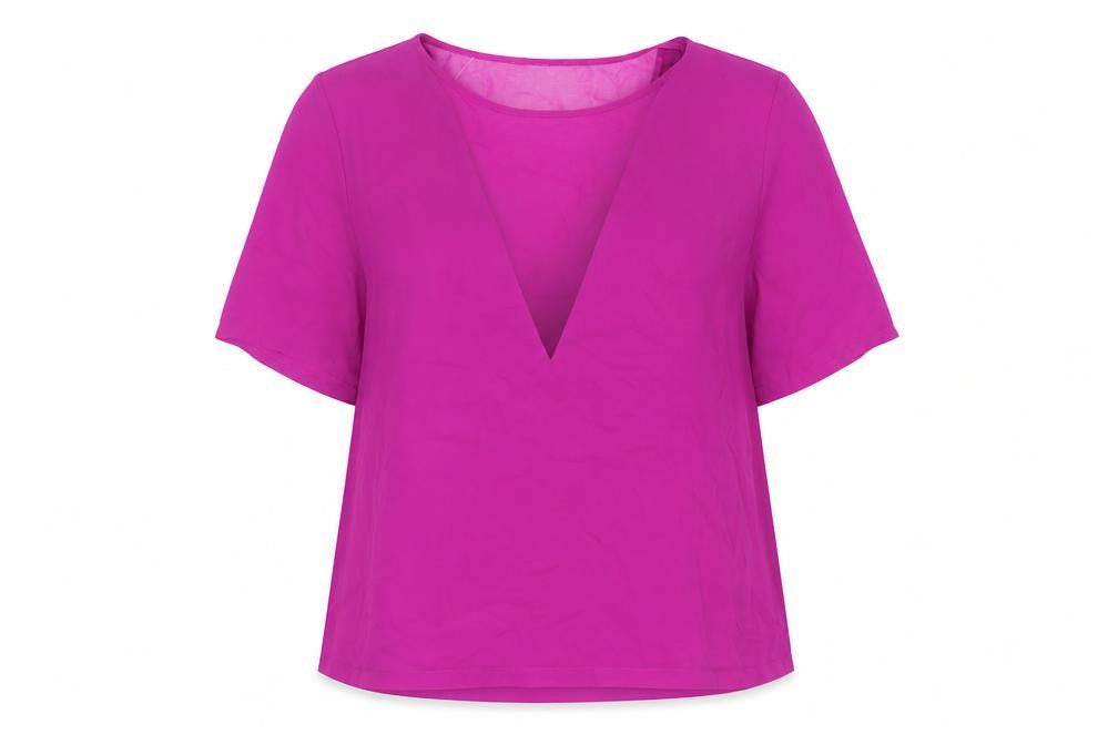 Front view of Warehouse Women's Pink V-Neck Blouse, size 16