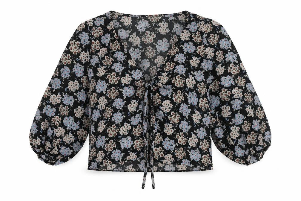 Front view of Urban Outfitters Women's Black Floral Blouse