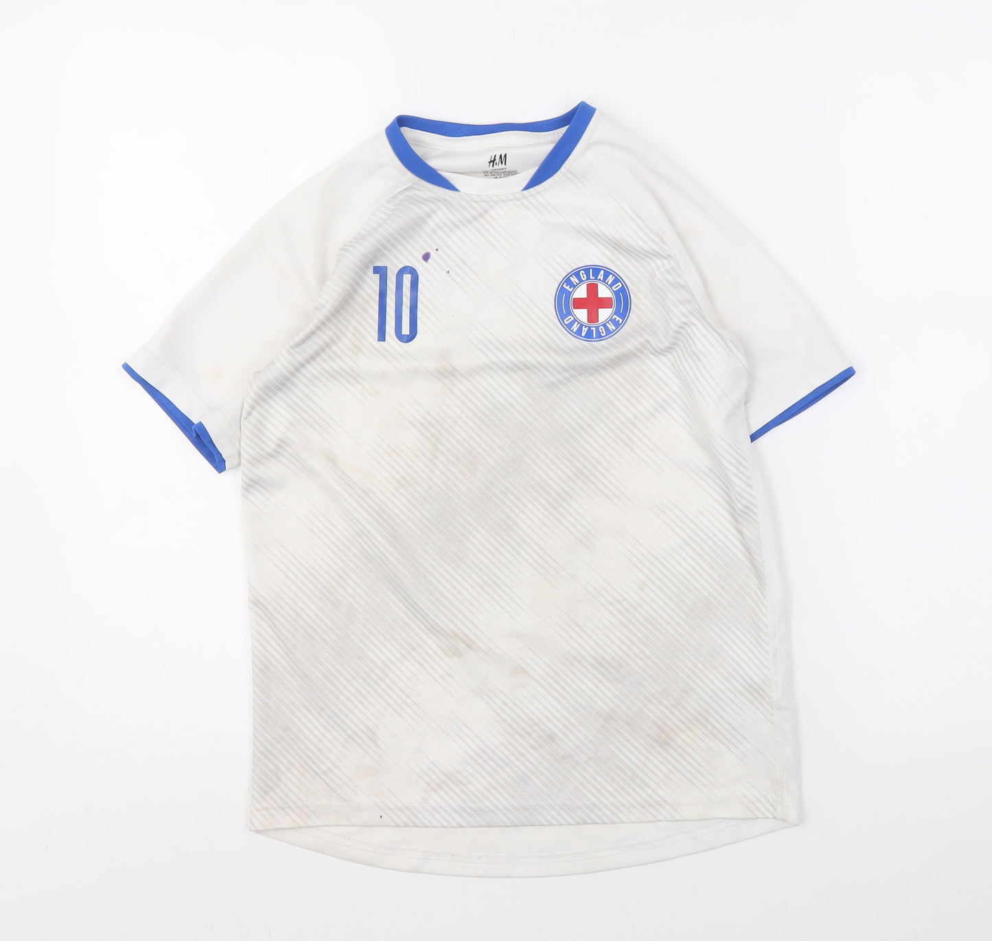H&M Boys White Football Jersey T-Shirt, Light Stains, Size 10-12 Years