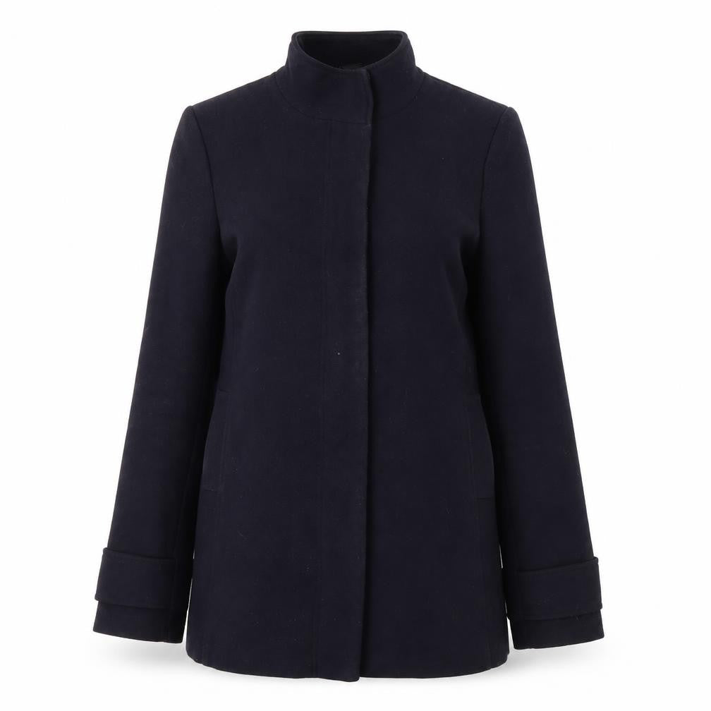 Front view of Laura Ashley Women's Black Overcoat, size 10, Mid-Length