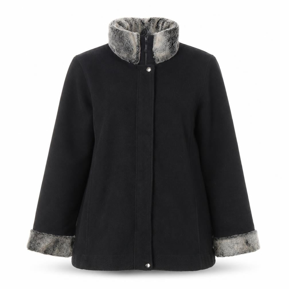 Front view of Cotton Traders Women's Black Fur Trim Jacket, size 12