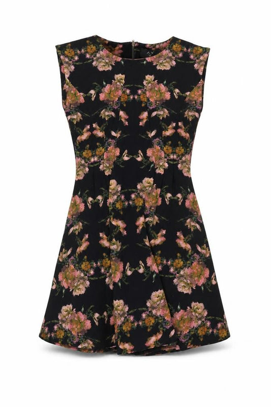Front view of AX Paris Women's Black Floral Fit & Flare Dress, size 10