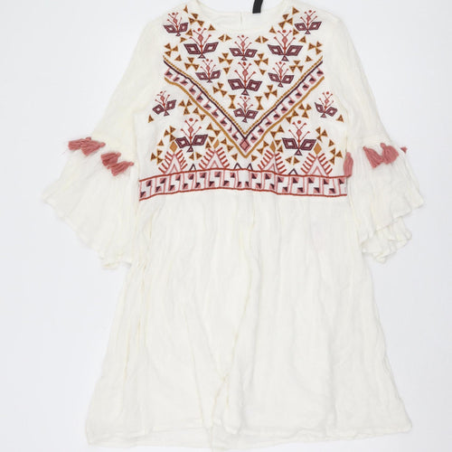 YAS Women's Ivory Embroidered Tunic Dress XS 3/4 Sleeve