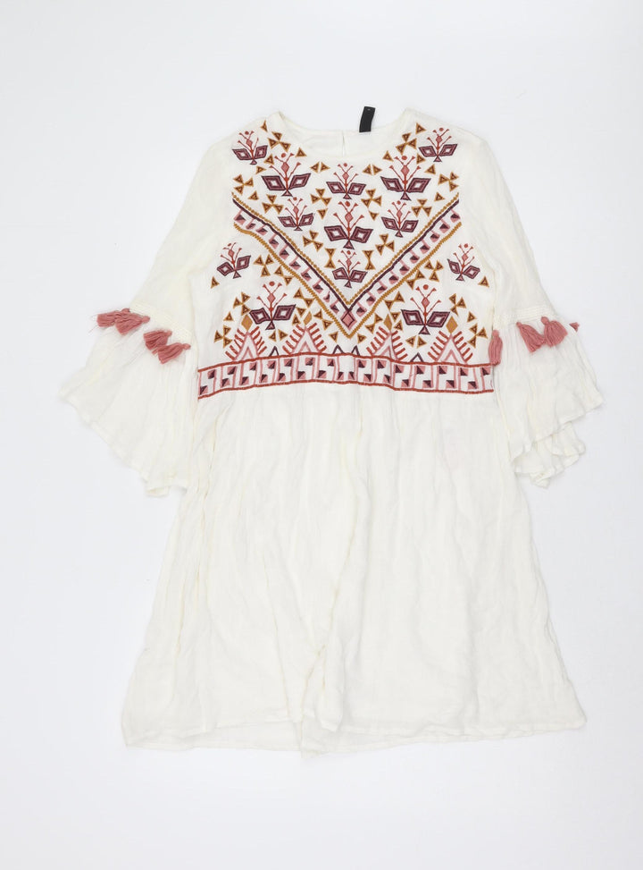 YAS Women's Ivory Embroidered Tunic Dress XS 3/4 Sleeve
