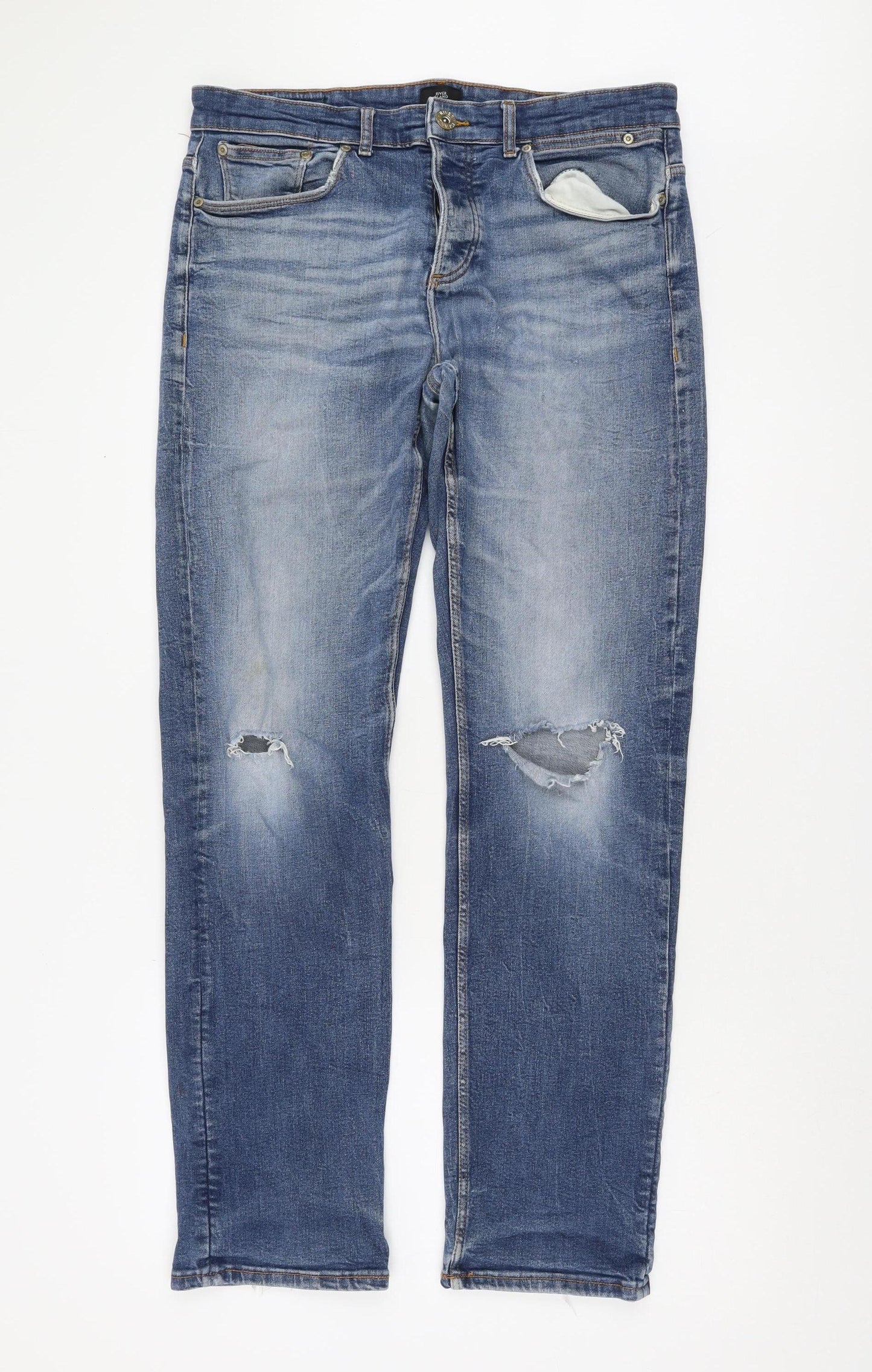 River Island Blue Denim Mens Jeans, 34L, Distressed