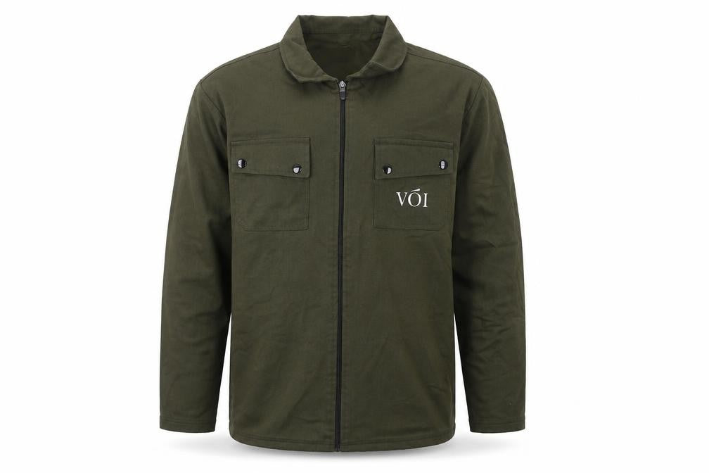 Front view of Voi Men's Green Basic Jacket L, Logo Accent, Zip Closure