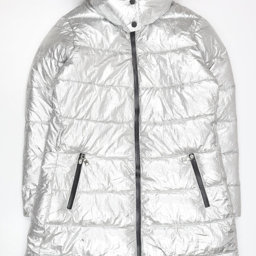MY TWIN TWINSET Women's Silver Puffer Coat M Hooded Winter