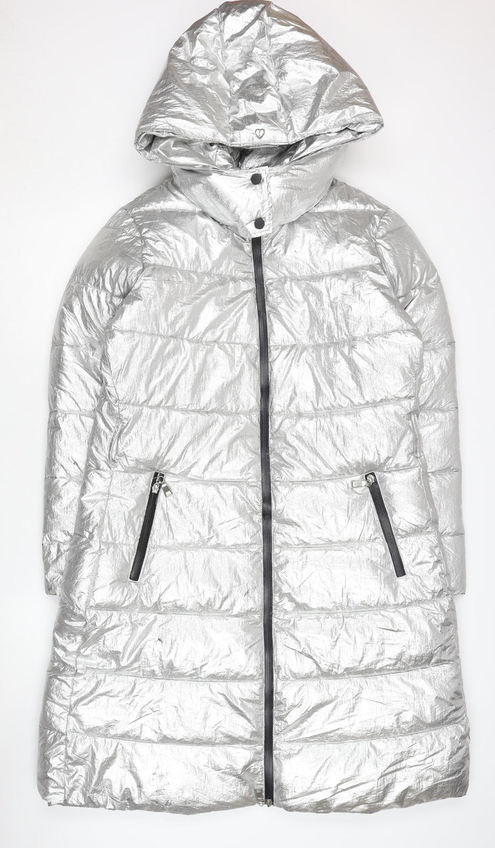 MY TWIN TWINSET Women's Silver Puffer Coat M Hooded Winter