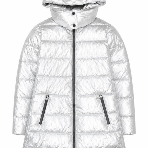 MY TWIN TWINSET Women's Silver Puffer Coat M Hooded Winter