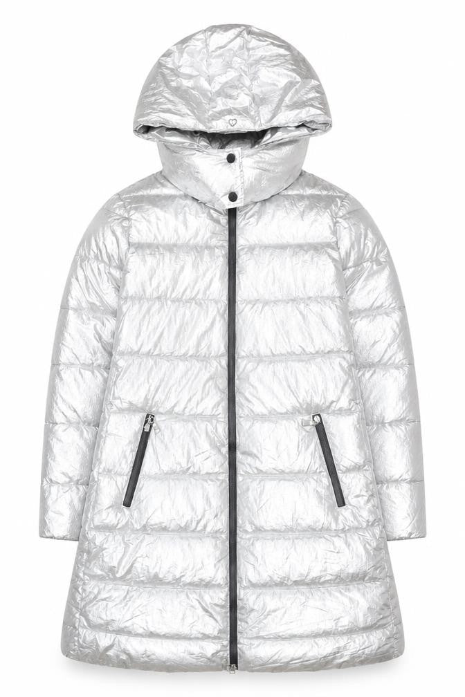 MY TWIN TWINSET Women's Silver Puffer Coat M Hooded Winter
