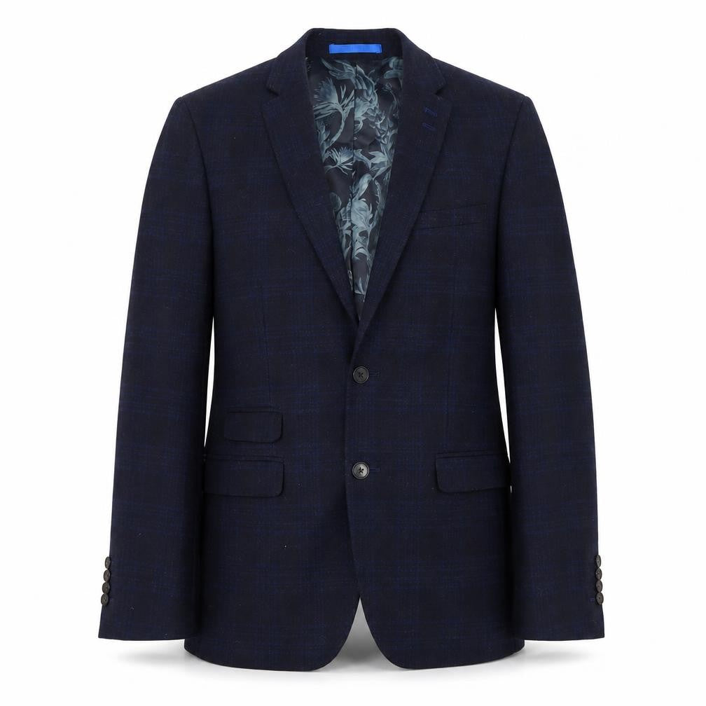 Front view of Moss London Men's Blue Check Regular Blazer