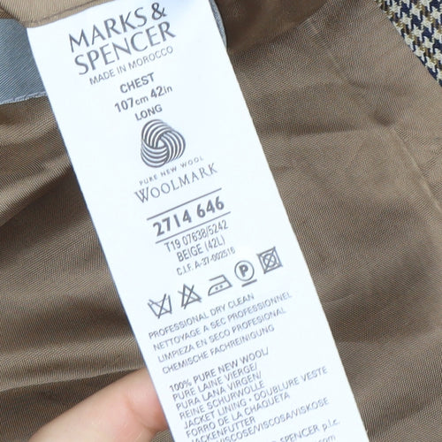 Marks and Spencer Men Beige Check Wool Blazer 42L