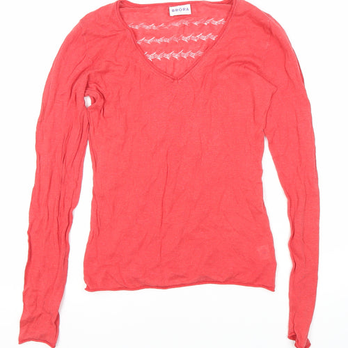 Brora Women's Red V-Neck Linen Cotton Knit Long Sleeve Top