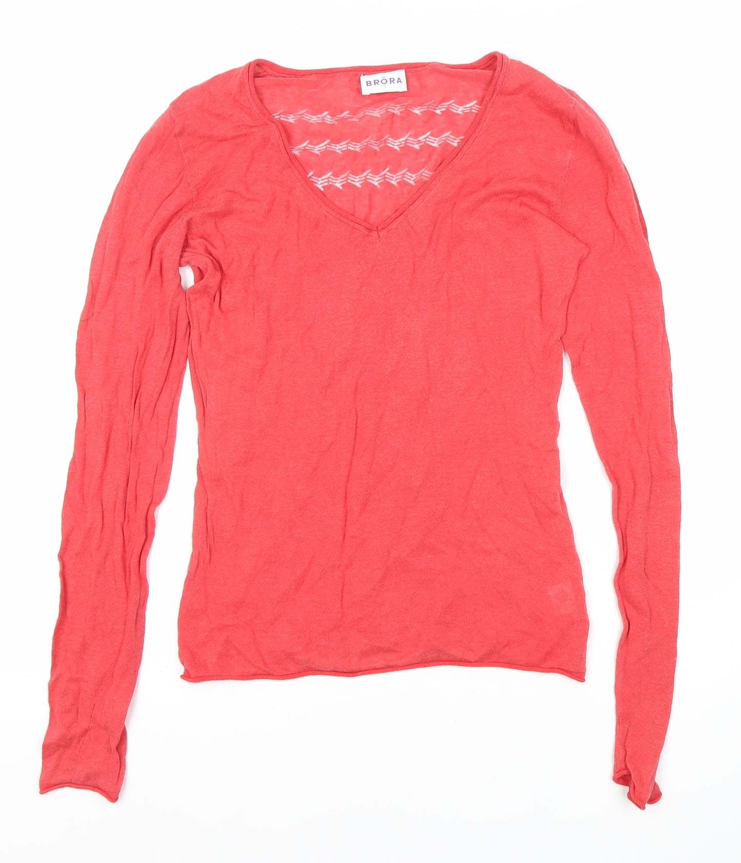 Brora Women's Red V-Neck Linen Cotton Knit Long Sleeve Top