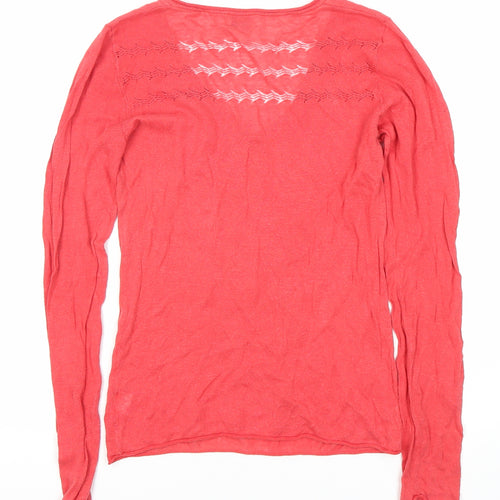 Brora Women's Red V-Neck Linen Cotton Knit Long Sleeve Top